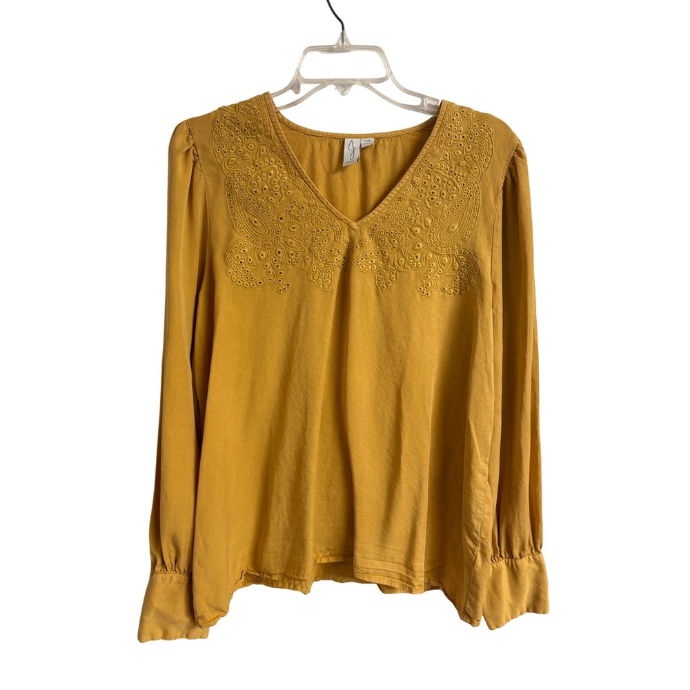 Joie Mustard Yellow Embroidered V-Neck Lyocell Long Sleeve Blouse L Boho
